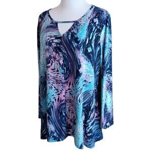 ATTITUDES BY RENEE Tunic Top Blouse Large PETITE Bright Watercolor Career Travel